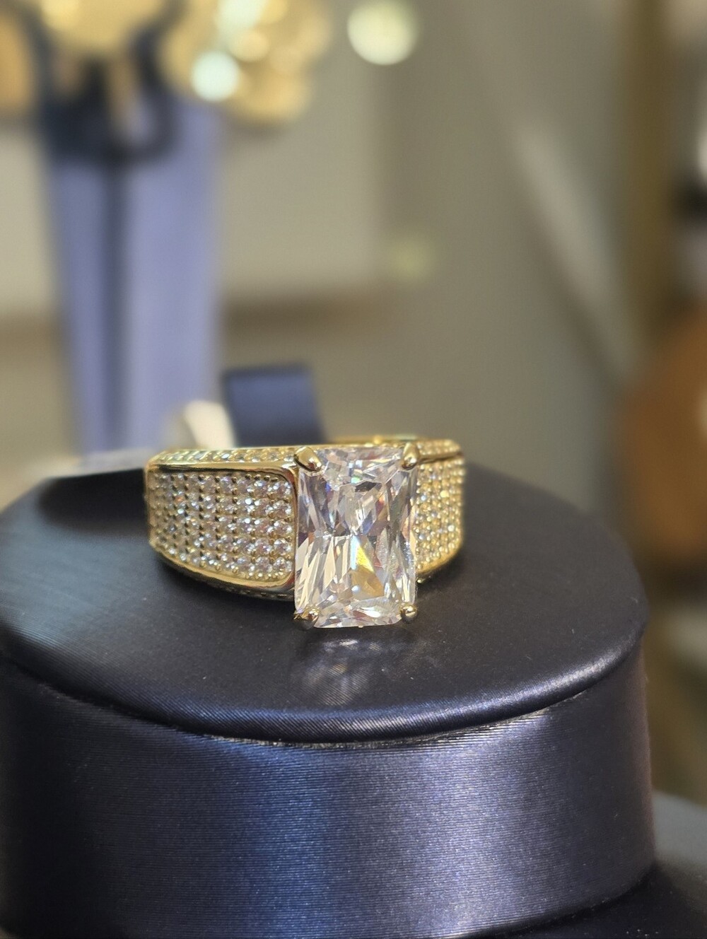 Size 9 Gold Cubic Zirconia Pave Statement Ring - Radiant Center Stone